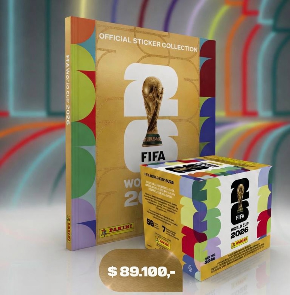 Combo Álbum Tapa Dura Dorado más caja de 50 sobres FIFA 2026